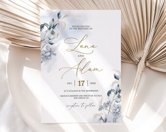 LANA - Dusty Blue and Gold Wedding Invitation Template, Dusty Floral Wedding Invites, Editable Wedding Invitation Template Download, Corjl
