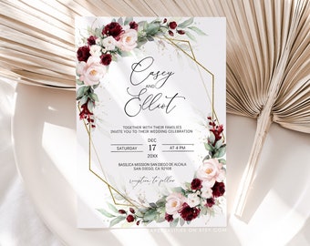 Burgundy Blush Floral Wedding Invitation Template (Printable)
