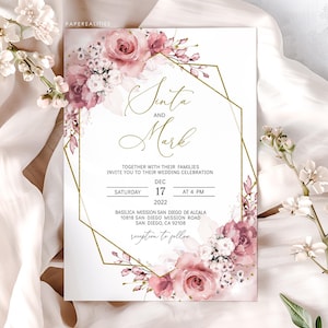 Dusty Rose Floral Wedding Invitation Template (Editable)