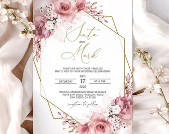 Dusty Rose Floral Wedding Invitation Template (Editable)