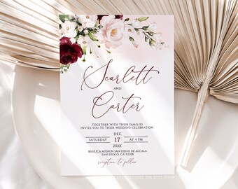 Burgundy Blush Floral Wedding Invitation Template (Digital Download)