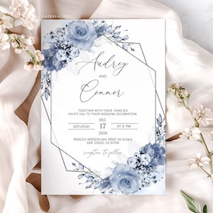 Dusty Blue Floral Wedding Invitation Template (Editable)