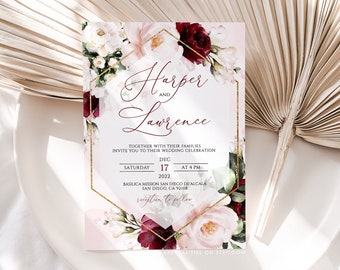 Burgundy Floral Wedding Invitation Template (Digital Download)