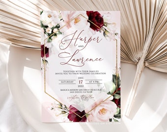 HARPER - Wedding Invitation Template, Burgundy Wedding Invitation, Printable Wedding Invitation Template Download, Wedding Invites Burgundy