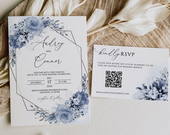 Dusty Blue Floral Wedding Invitation Template with RSVP (Digital Download)