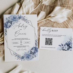 AUDREY - Dusty Blue Wedding Invitation with RSVP Template, Printable Wedding Invite, Dusty Blue Floral Wedding Invitation Template Download