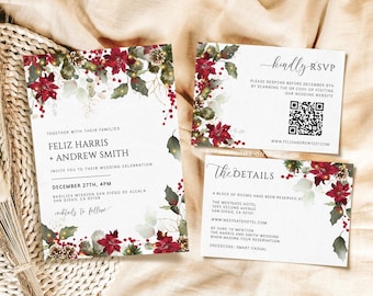 May include: Wedding invitation suite featuring a floral design with red poinsettias, green leaves, and gold accents. The invitation includes the names Feliz Harris and Andrew Smith, date, time, and location. RSVP and details cards are also included.
