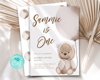 Convite de 1º aniversário de ursinho de pelúcia: balão marrom, gênero neutro (download digital)