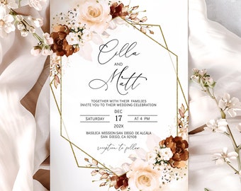 Burnt Orange Floral Wedding Invitation Template (Editable)