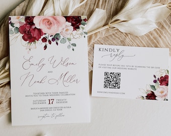 EMILY - Burgundy Blush Wedding Invitation Template Download, Floral Wedding Invitation Template, 2PC Burgundy Wedding Invitation and RSVP