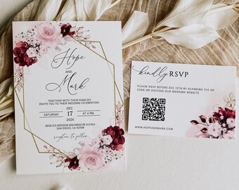 Plantilla de invitación de boda floral en color burdeos (descarga digital)