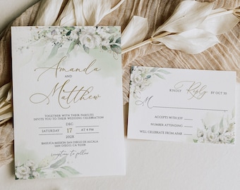 Greenery Wedding Invitation with White Roses (Digital Download)
