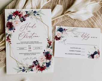 Burgundy Navy Floral Wedding Invitation Template (Digital Download)