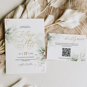 KELSEY - Minimalist Greenery Wedding Invitation Template, Greenery Faux Gold Wedding Invitation, 2Pc Greenery Wedding Invitation & RSVP Set