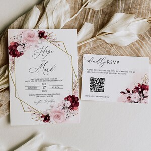 Blush Burgundy Floral Wedding Invitation Template (Digital Download)