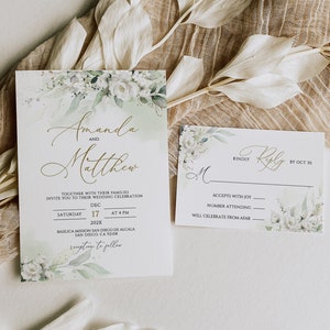 AMANDA - Greenery Wedding Invitation with White Roses Template, White Floral Wedding Invitation with RSVP, Printable Wedding Invitation Set