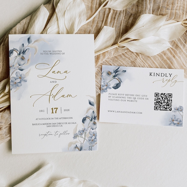 LANA - Dusty Blue Wedding Invitation, Dusty Blue Floral Wedding Invitation Template Download, Dusty Blue Wedding Invitation with RSVP Set