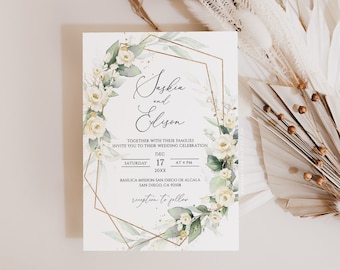 Ivory Rose Wedding Invitation Template: Sage Green Florals (Digital Download)