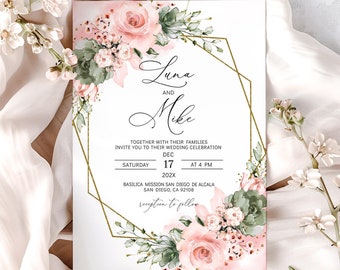 Floral Wedding Invitation Template: Sage Green & Blush Pink (DIY Editable)