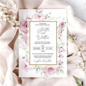 Plantilla de invitación de boda en color malva polvoriento, invitación floral en acuarela rosa polvoriento, invitación de boda editable e imprimible, descarga Corjl HALLE