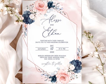 Navy Rose Gold Wedding Invitation Template: Floral Printable (Digital Download)