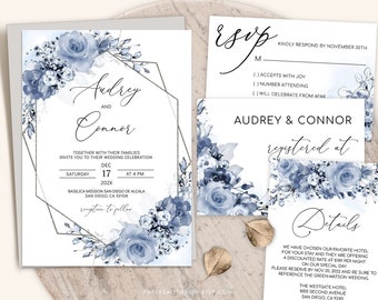 Plantilla de invitación de boda floral azul polvoriento (descarga digital)
