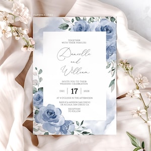 Dusty Blue Wedding Invitation Template, Wedding Invite, Editable Wedding Invitation, Dusty Blue Floral Invitation Wedding, Corjl, DANIELLE