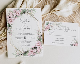 Dusty Rose Floral Wedding Invitation Template (Digital Download)