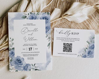 May include: A wedding invitation with blue watercolor flowers and the text "Together with their families, Danielle and William, invite you to their wedding celebration, Dec 17, 202X, at 4 o'clock in the afternoon, Basilica Mission San Diego de Alcala, San Diego CA, Reception to follow". A separate card with a QR code and the text "Kindly RSVP, Please respond before December 8th by scanning the QR code or visiting our wedding website, www.daniellewilliam1227.com".