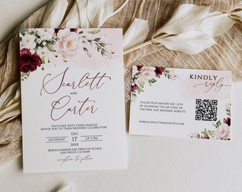 Burgundy Floral Wedding Invitation Template: Blush RSVP (Digital Download)
