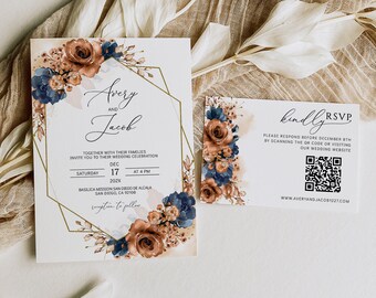 Könnte beinhalten: Hochzeitseinladung mit einem geometrischen goldenen Rahmen und einem floralen Design in Blautönen und Braun. Die Einladung zeigt die Namen Avery und Jacob, das Datum 17. Dezember 202X und die Uhrzeit 16:00 Uhr. Die Einladung enthält auch den Ort Basilica Mission San Diego de Alcala, San Diego, CA 92108. Die RSVP-Karte enthält einen QR-Code und die Website www.averyandjacob1227.com.