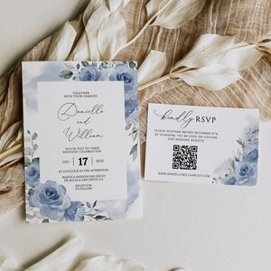 DANIELLE - Dusty Blue Wedding Invitation Template Download, Printable Editable Wedding Invitation with QR Code Dusty Blue Flowers Eucalyptus