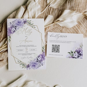 MOLLY - Lavender Floral Wedding Invitation Template Download, Printable Editable Wedding Invite, Lilac Wedding Invitation QR Code Rsvp Set