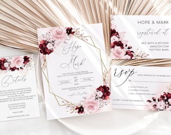 HOPE- Burgundy Blush Wedding Invitation, Wedding Invitation Template, Blush Wedding Invitation Floral, Printable Wedding Invitation Template