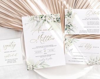 White Floral Wedding Invitation Set: Sage Green Template (Digital Download)