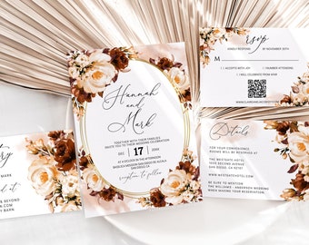 Burnt Orange Floral Wedding Invitation Template Set (Digital Download)