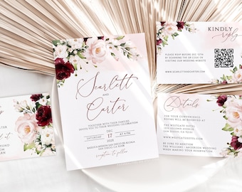 Burgundy Floral Wedding Invitation Template: Marsala Blush (Digital Download)