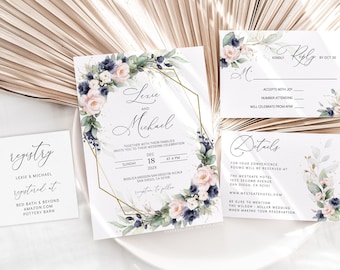 Blush & Navy Floral Wedding Invitation Set (Digital Download)