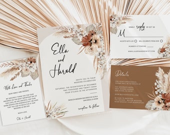 Pampas Grass Wedding Invitation Template: Boho Printable Set (Digital Download)