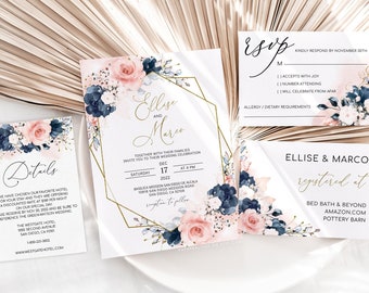 Navy Blush Wedding Invitation Template: Geometric Floral (Digital Download)