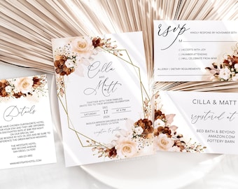 Burnt Orange Floral Wedding Invitation Set: Boho Terracotta (Digital Download)