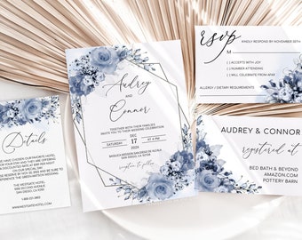 Plantillas de invitación de boda con flores en azul polvoriento (descarga digital)