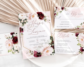 Burgundy Floral Wedding Invitation Template (Digital Download)