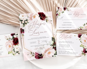 HARPER - Burgunderrote Hochzeitseinladung Vorlage, Marsala Blush Einladen, Aquarell Blumen Hochzeitseinladung, druckbare Blush Hochzeit lädt ein