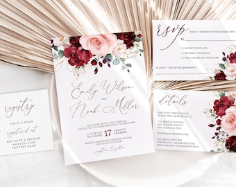 Burgundy Blush Floral Wedding Invitation Template (Digital Download)