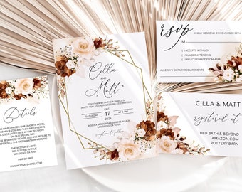 Floral Wedding Invitation Template: Burnt Orange, Terracotta (Digital Download)