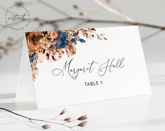 Terracotta Navy Wedding Place Card Template, Printable Editable Burnt Orange Blue Floral Wedding Place Card, Wedding Table Name Cards, AVERY