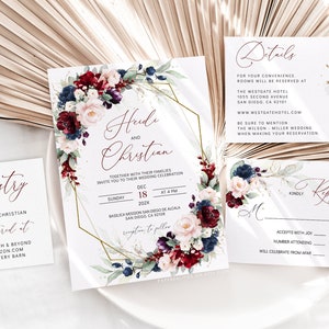 HEIDI - Burgundy and Navy Blue Wedding Invitation Template, Editable Wedding Invites Set with Blue Burgundy Blush Flowers, Instant Download