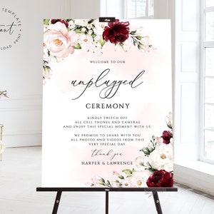 HARPER- Unplugged Ceremony Sign Template, Unplugged Wedding Sign, Burgundy Blush Wedding Sign, Unplugged Welcome Sign, Floral Welcome Poster