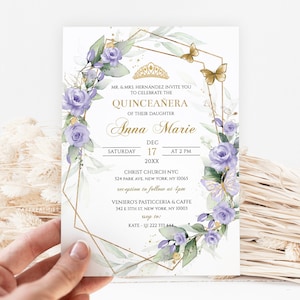 Purple Floral Quinceañera Invitation Template (DIY Editable)